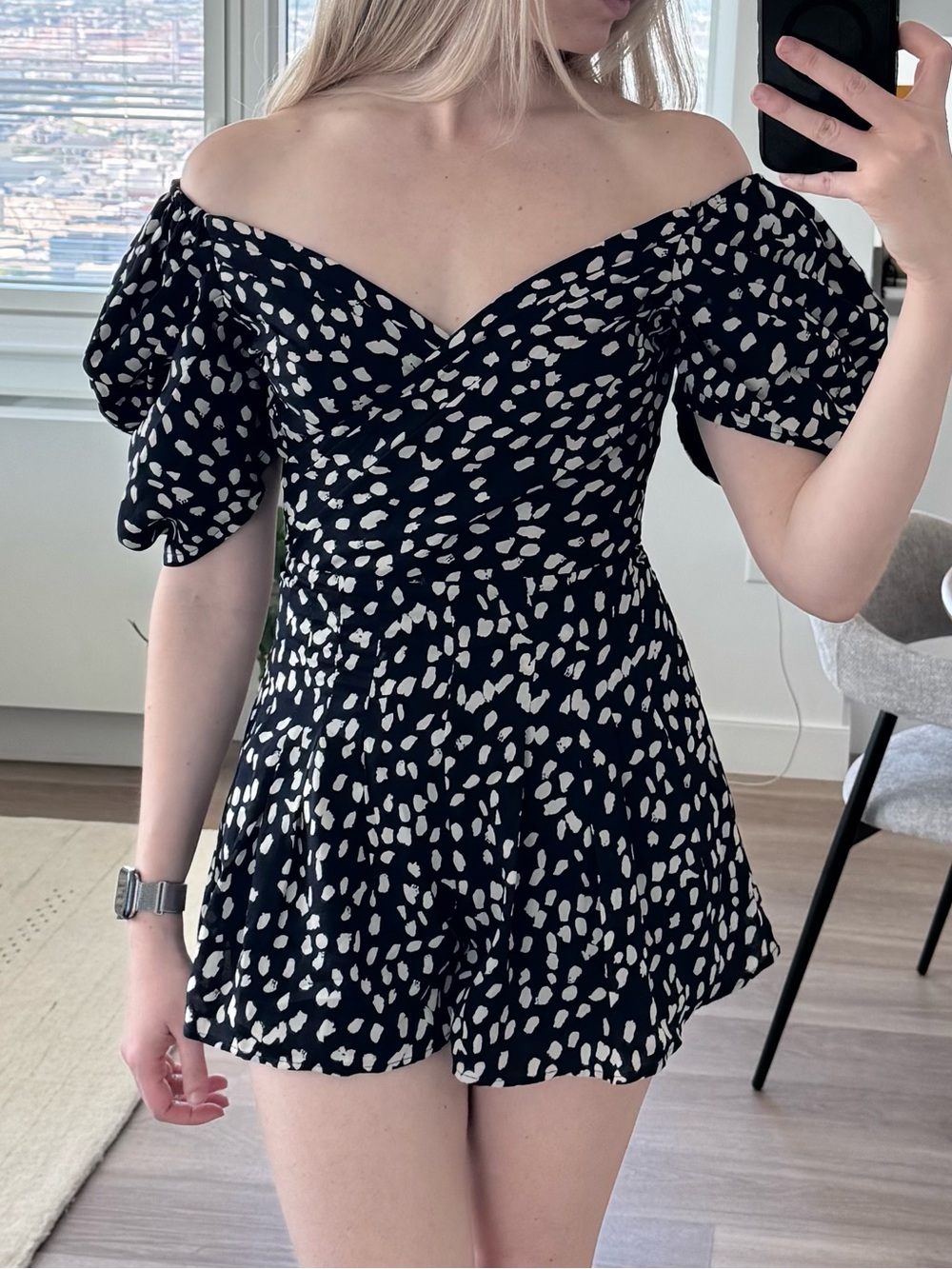 Off-Shoulder Black and White Mini Dress